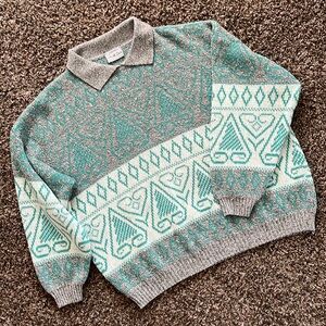 Vintage Venezia Sportswear Pullover Gray Teal Sweater, Size Medium, Acrylic Wool